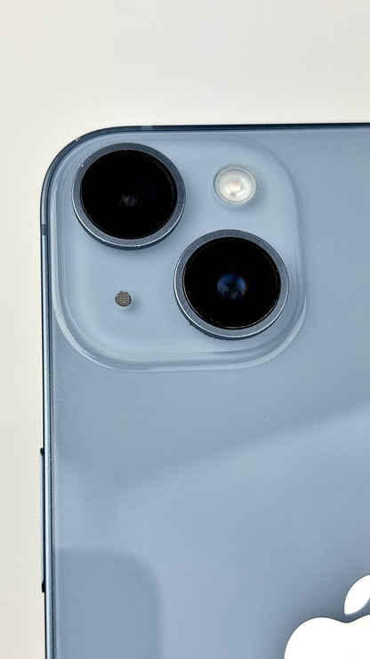 iPhone 14 in Blue, rear camera close-up
