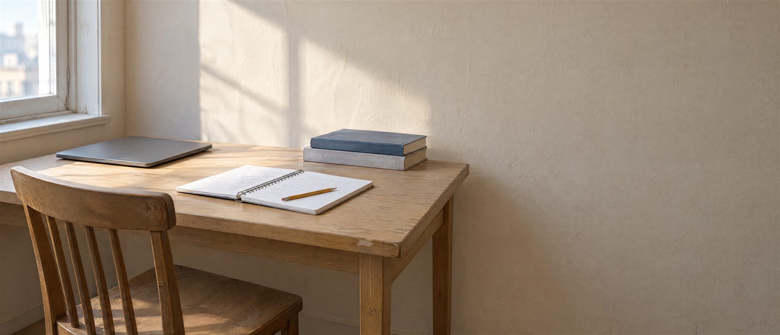 Editorial Revivo image: a quiet student desk with a notebook in early morning light.